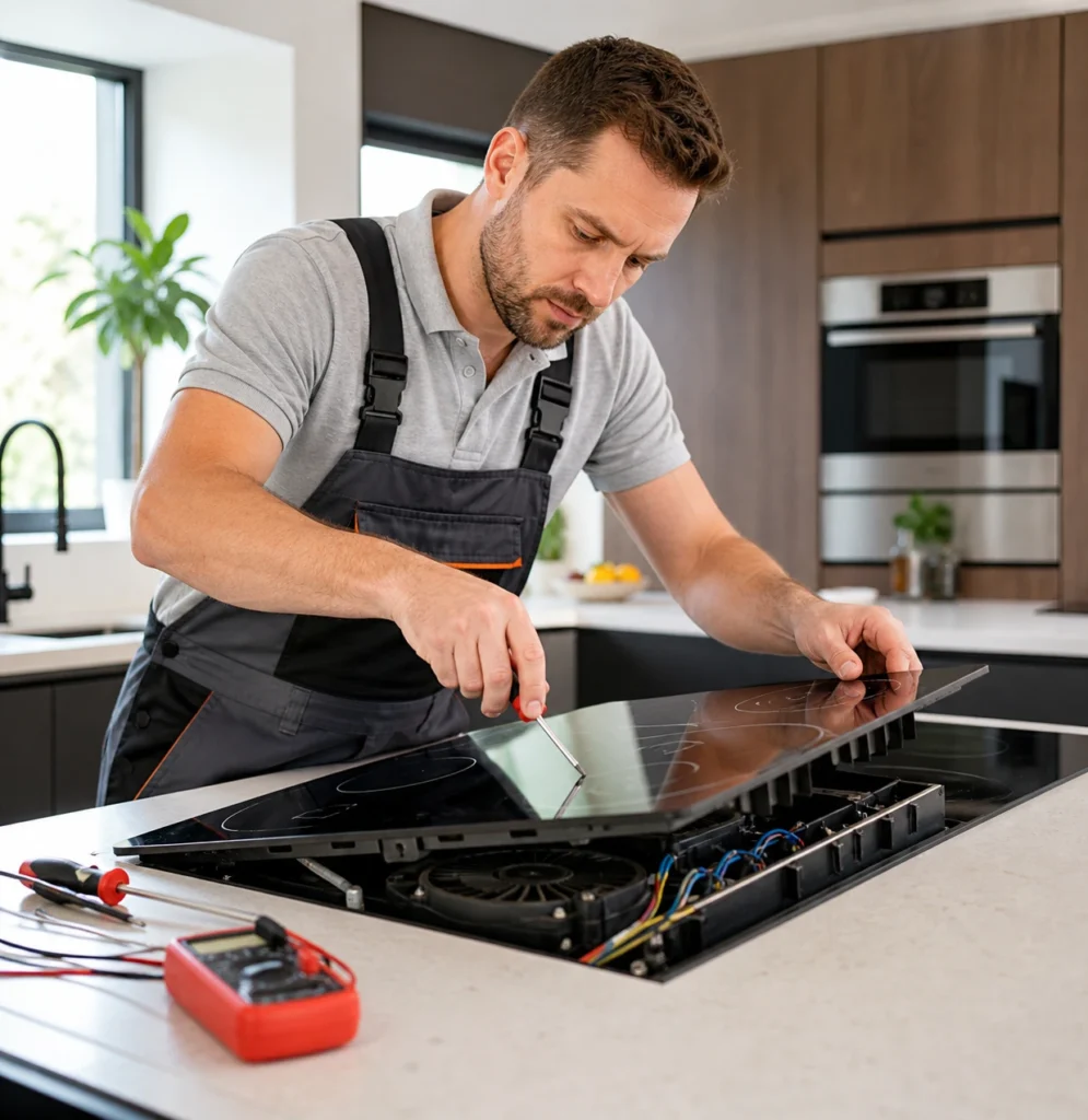 Los Angeles cooktop repair expert repairing a modern electric cooktop