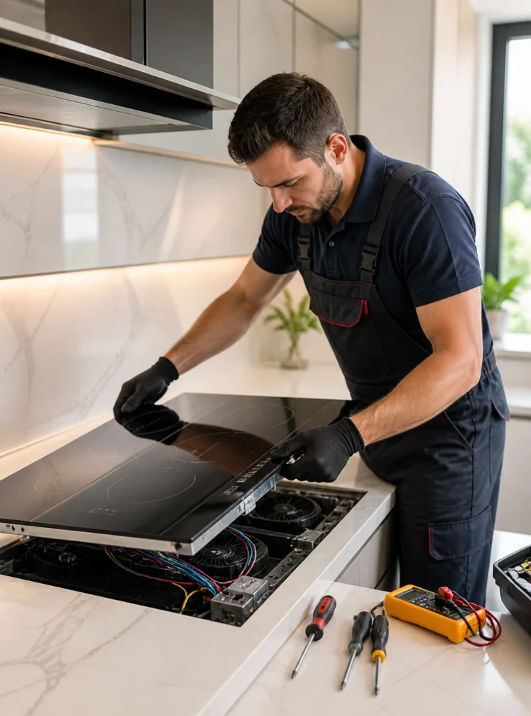 Los Angeles cooktop repair technician servicing a modern built-in glass cooktop