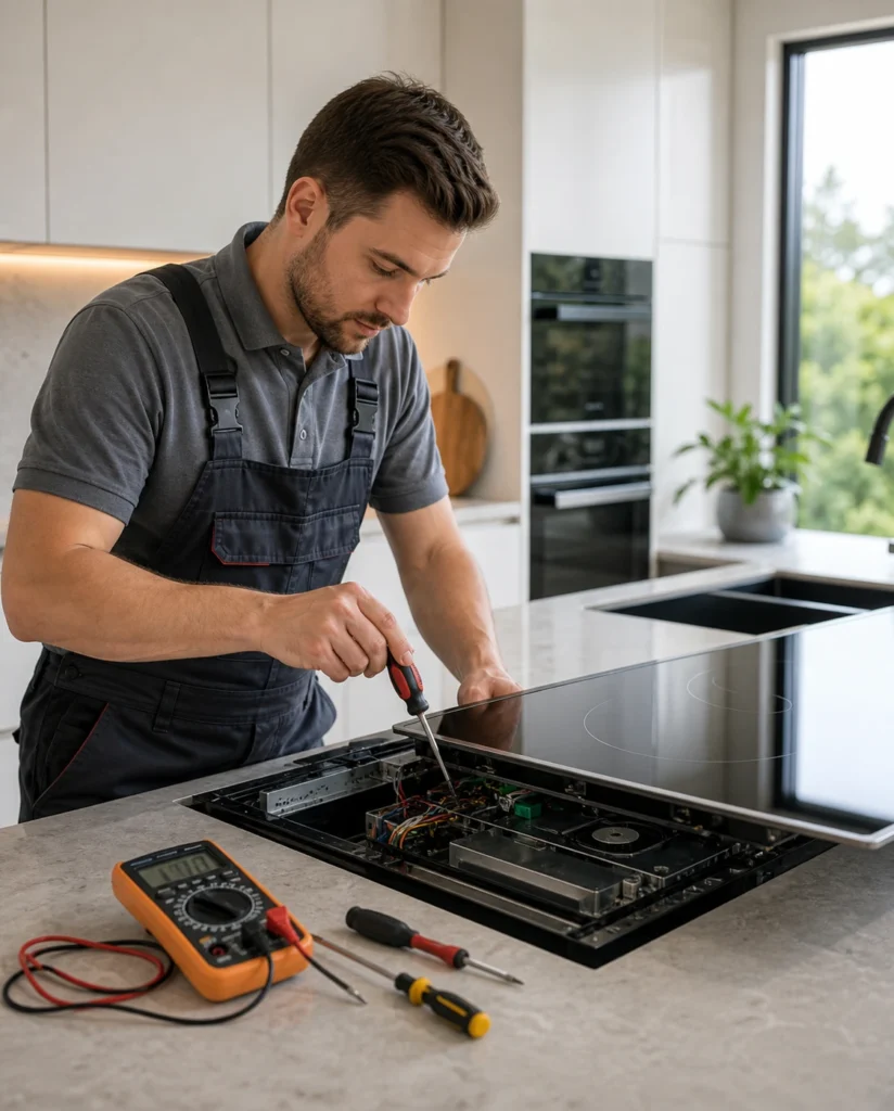 Professional cooktop repair service technician fixing a modern glass cooktop in Los Angeles
