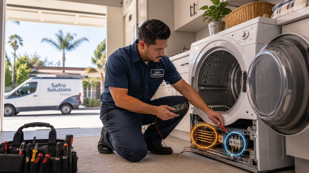 Dryer runs but no heat repair guide showing a Safro Solutions technician checking the heating element and thermal fuse in a Los Angeles home .