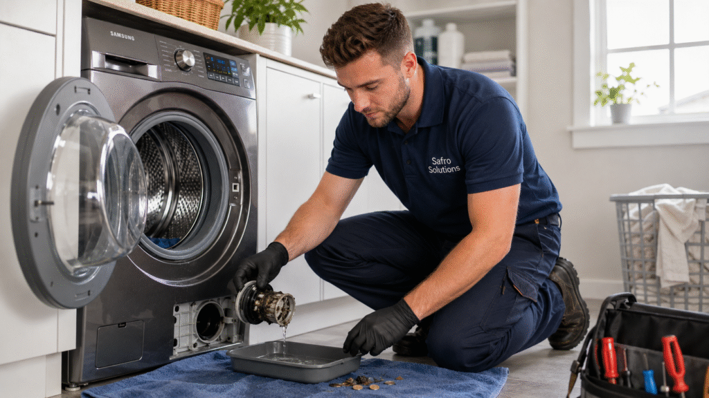 Safro Solutions technician cleaning a clogged washer drain pump filter during washer not draining repair
