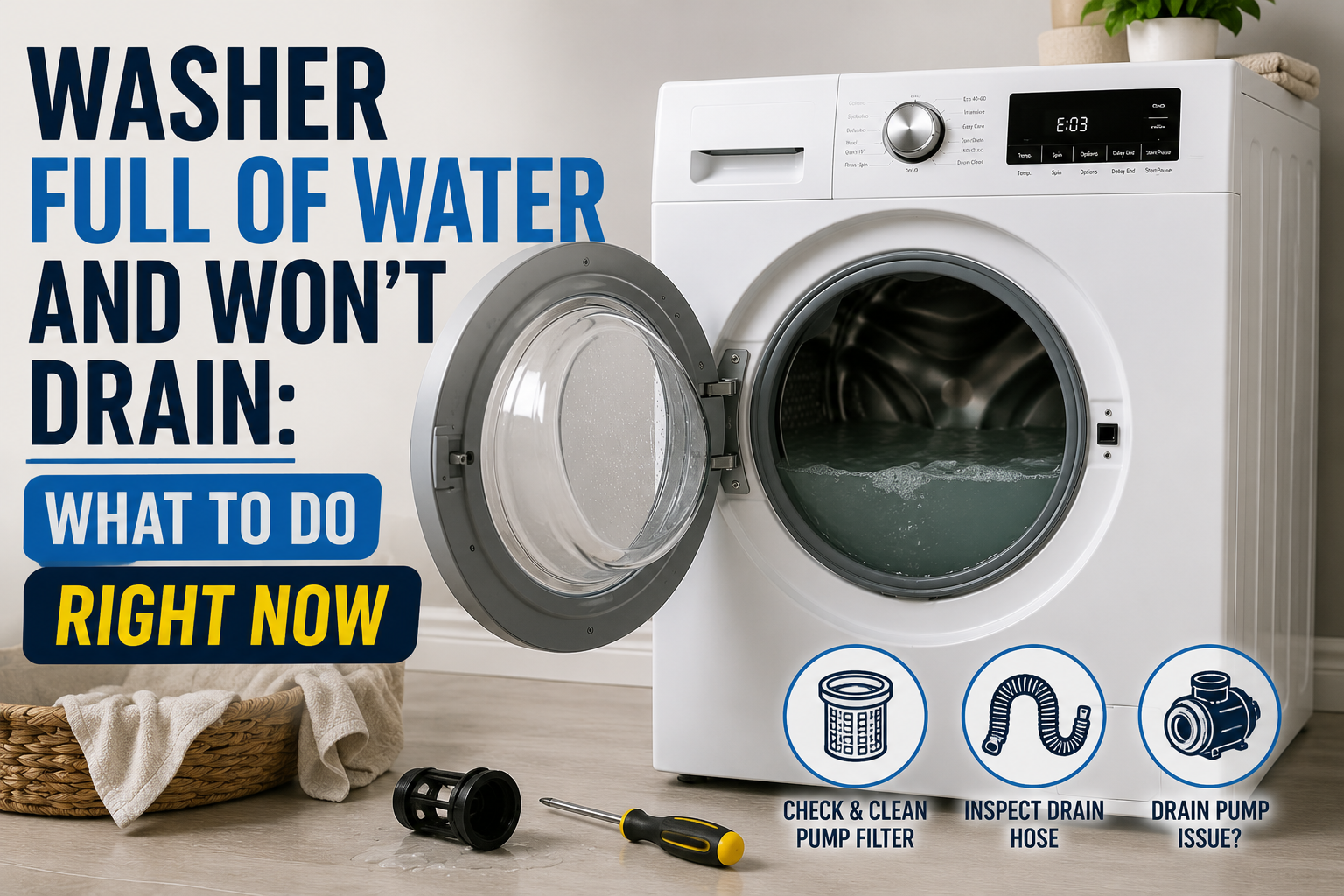 Washer full of water won't drain feature image showing a front-load washing machine with standing water and basic drain troubleshooting.