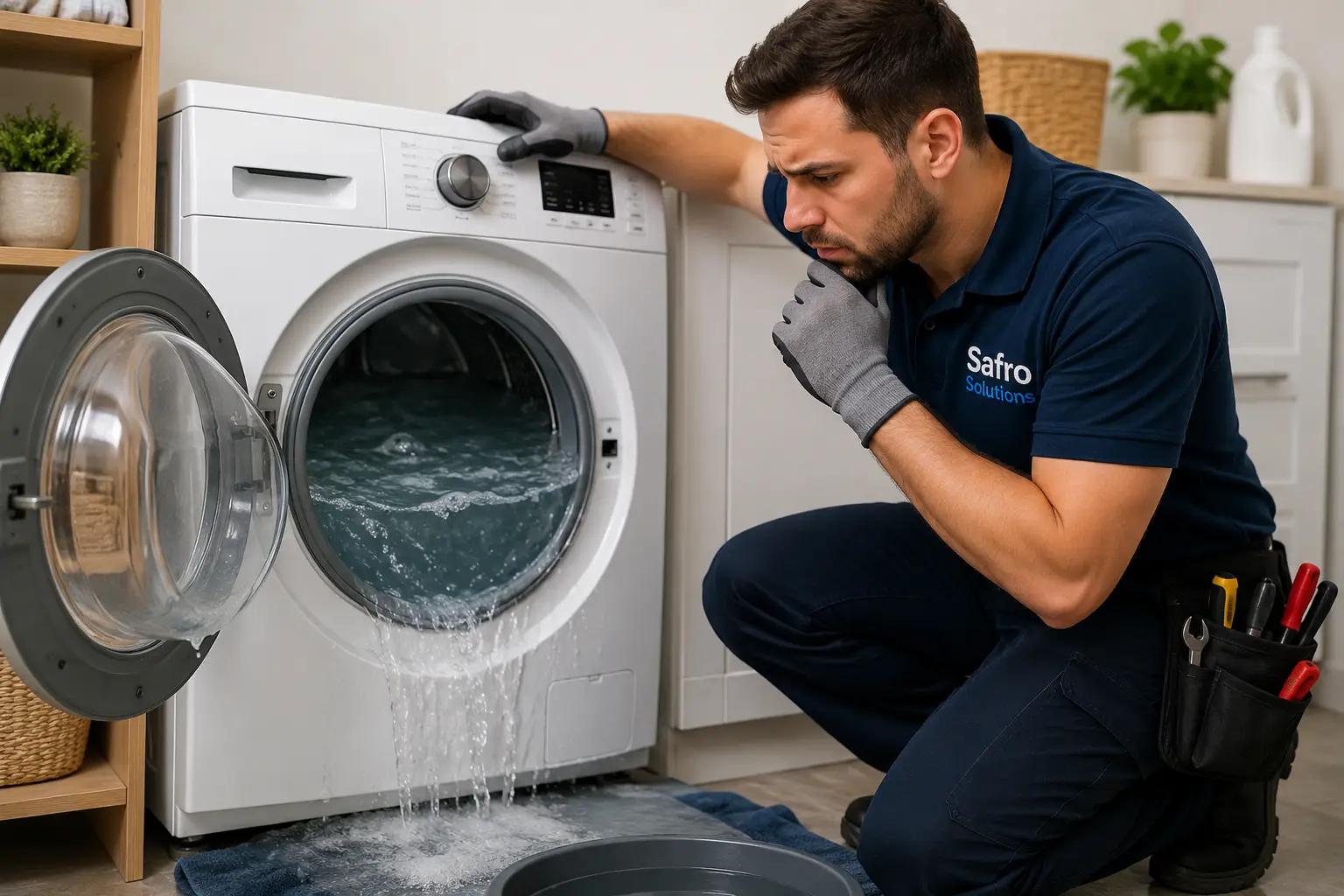 "Safro Solutions technician inspecting a washing machine full of water that won't drain, with water overflowing onto the laundry room floor during an emergency appliance repair service."