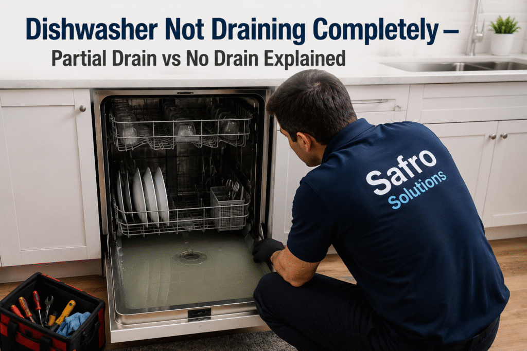 Safro Solutions dishwasher repair technician diagnosing a dishwasher not draining completely, showing partial drain vs no drain problems in a residential kitchen.