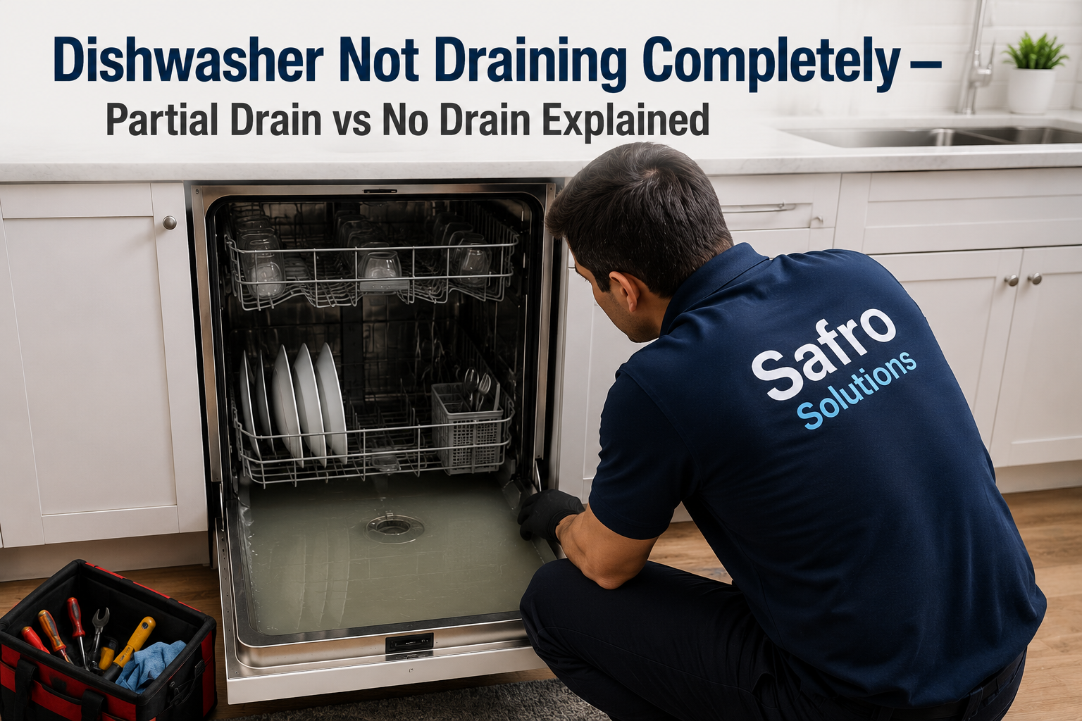 Safro Solutions dishwasher repair technician diagnosing a dishwasher not draining completely, showing partial drain vs no drain problems in a residential kitchen.