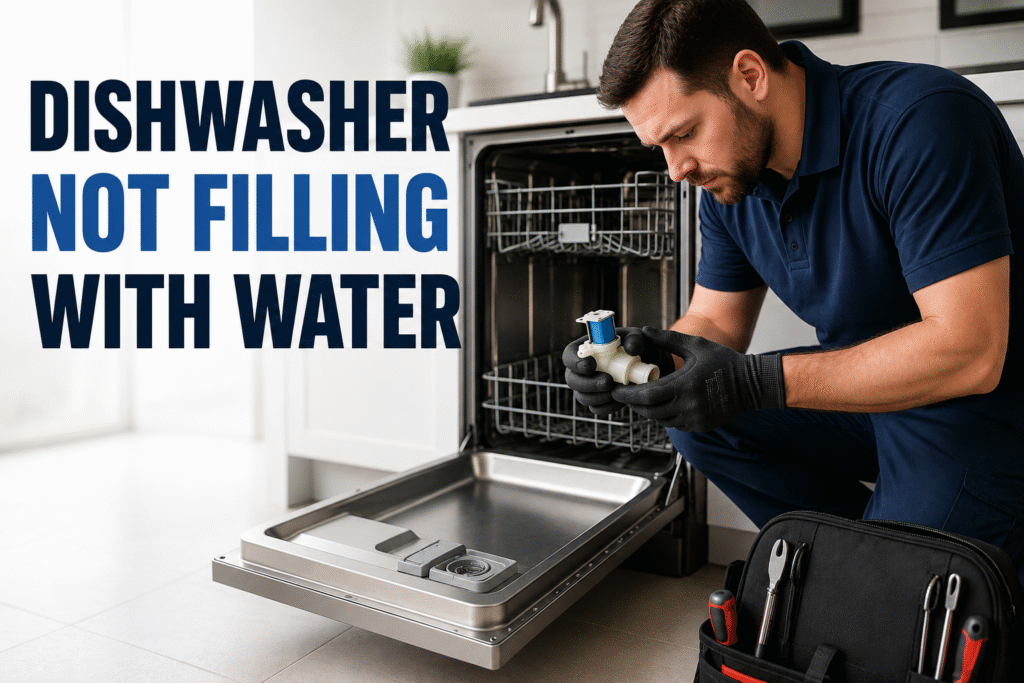 Safro Appliance Repair technician inspecting a dishwasher not filling with water and checking the water inlet valve in a modern kitchen