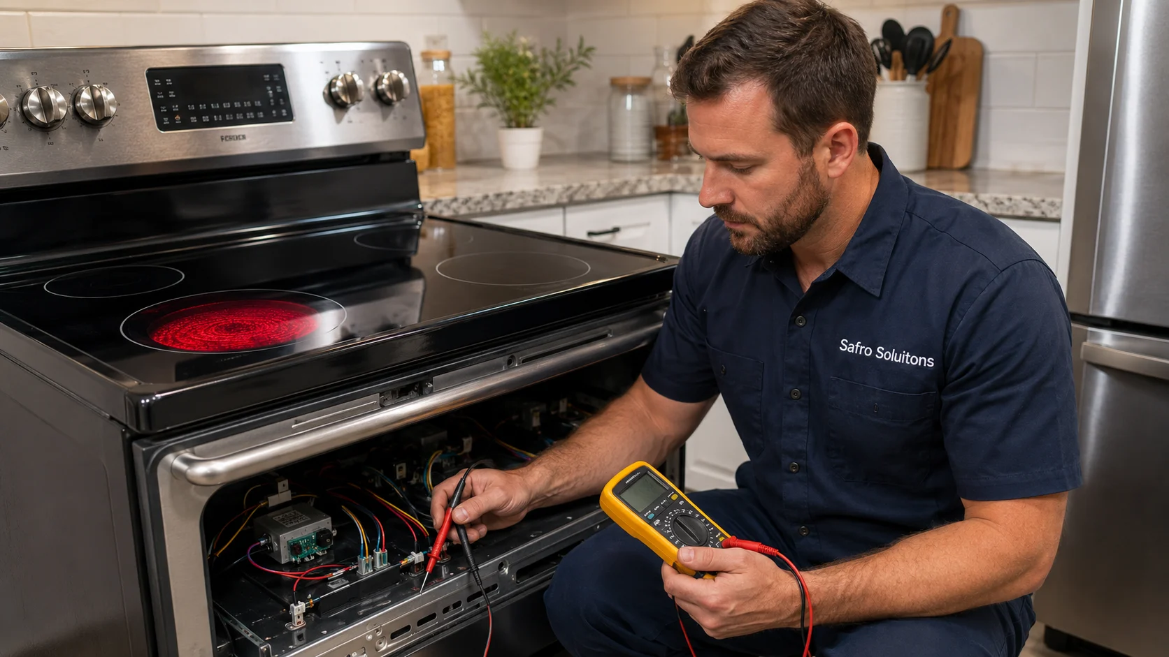Safro Soluitons technician diagnosing an electric range not heating issue with a multimeter in a modern kitchen.