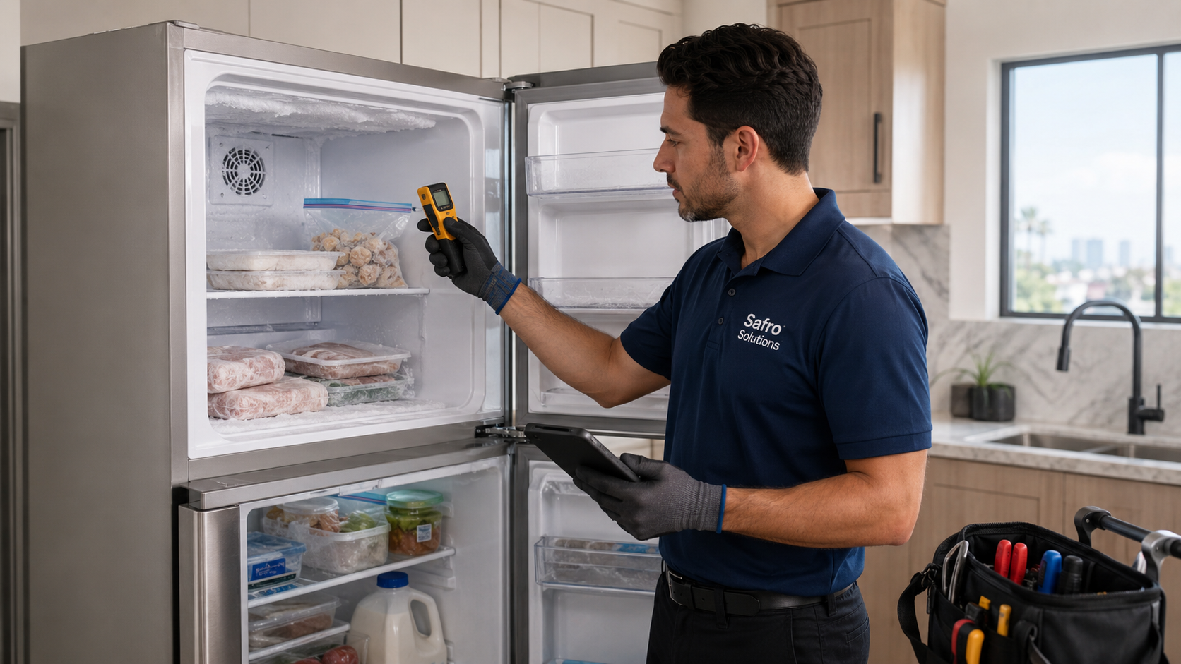 Safro Solutions technician inspecting a freezer not freezing in a modern Los Angeles kitchen