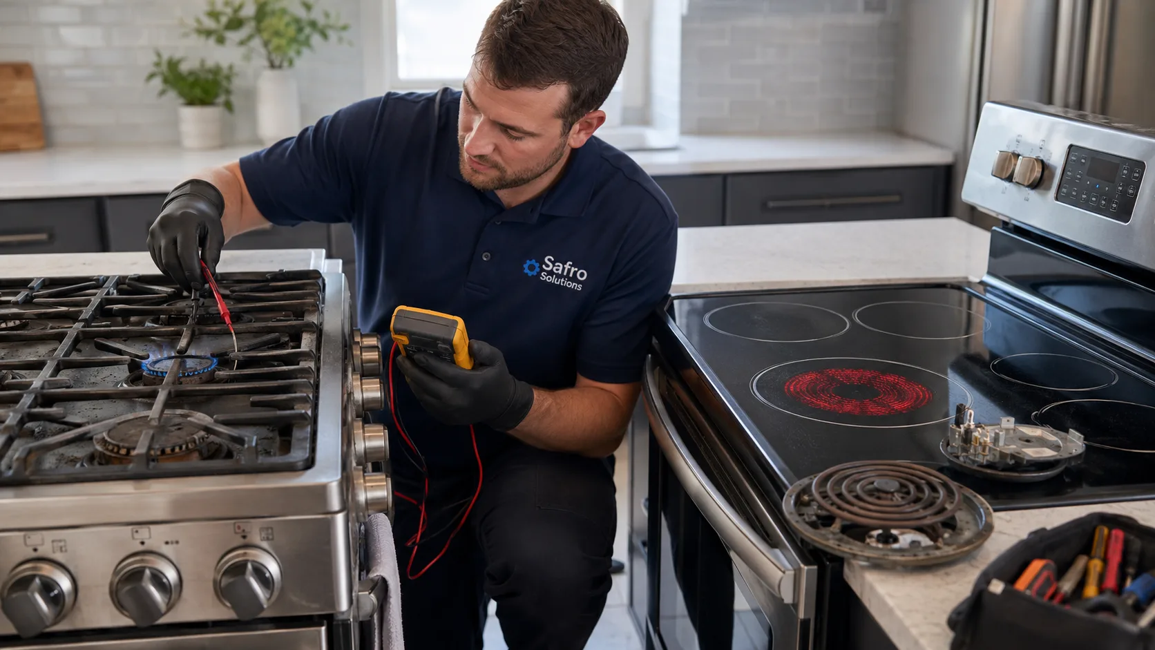 Safro Solutions technician diagnosing gas and electric stove heating problems in a modern kitchen.