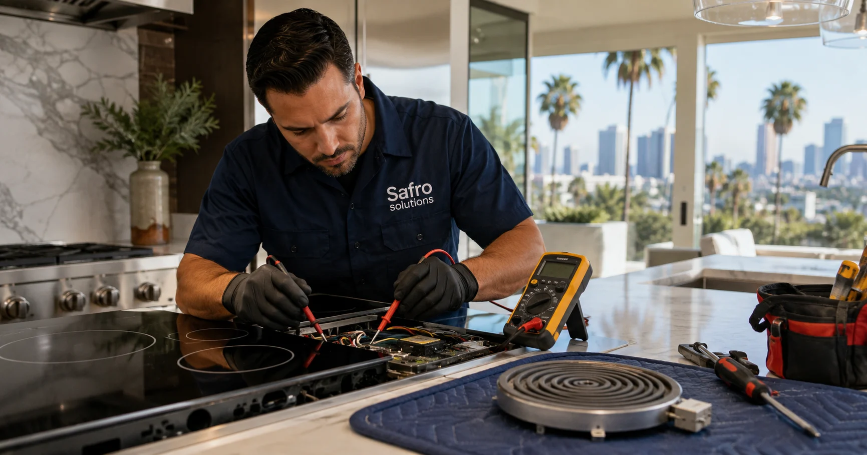 Safro Solutions technician diagnosing a cooktop not heating in a Los Angeles home kitchen using a multimeter and repair tools.
