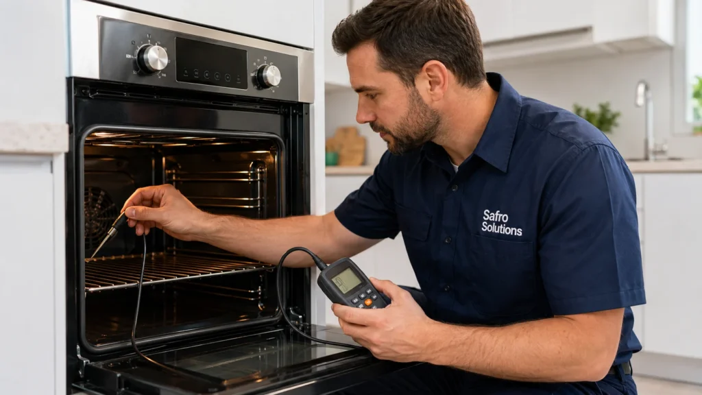 Safro Solutions technician checking and calibrating a modern kitchen oven temperature with a digital testing tool.