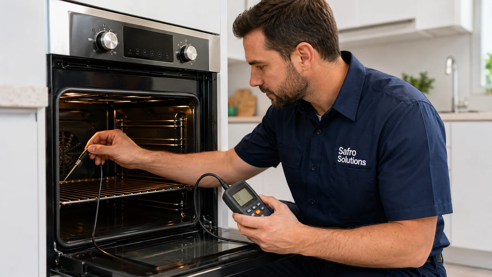 Safro Solutions technician checking and calibrating a modern kitchen oven temperature with a digital testing tool.