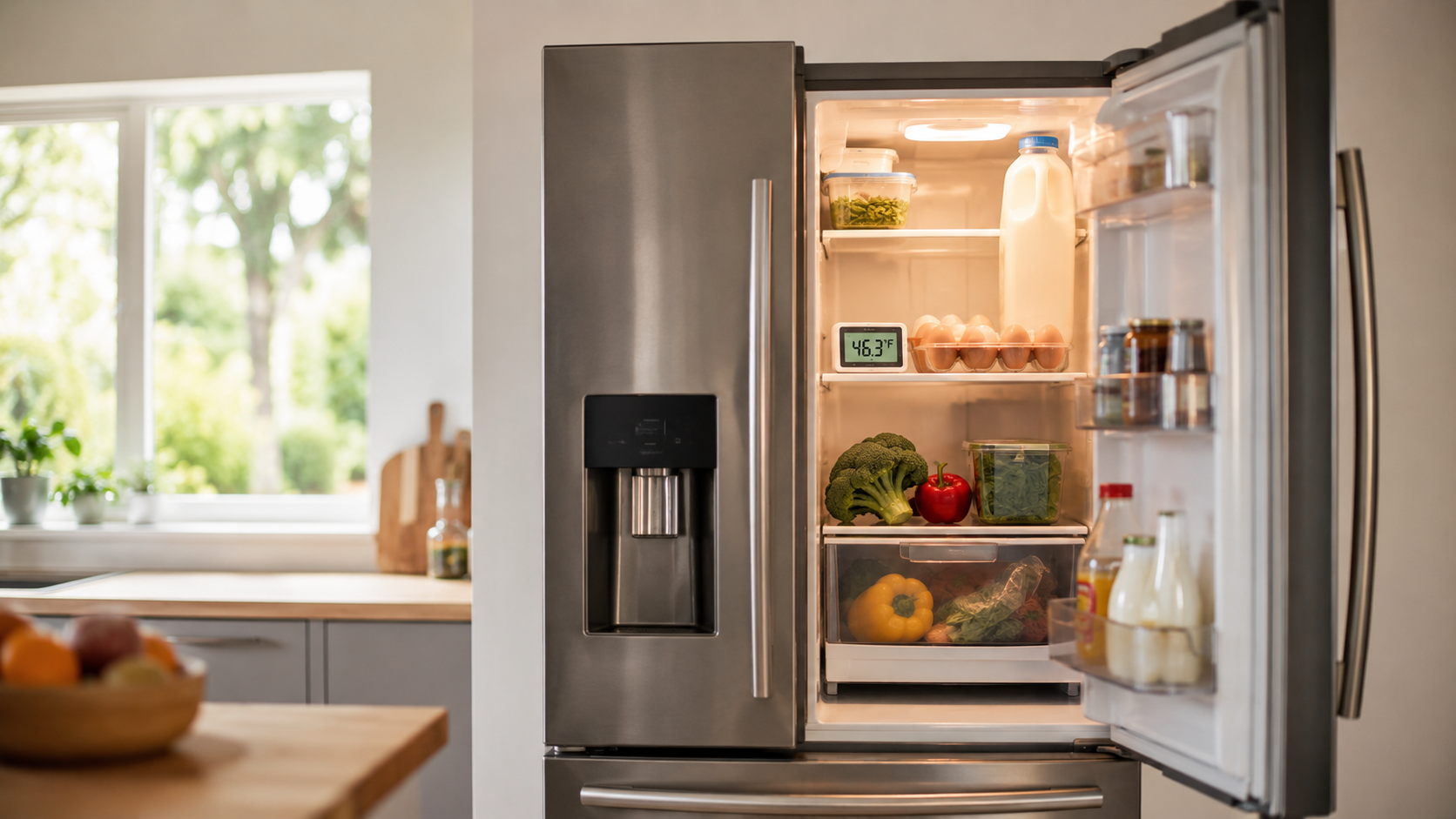 Fridge not cooling but light is on — open refrigerator with interior light and warm thermometer reading
