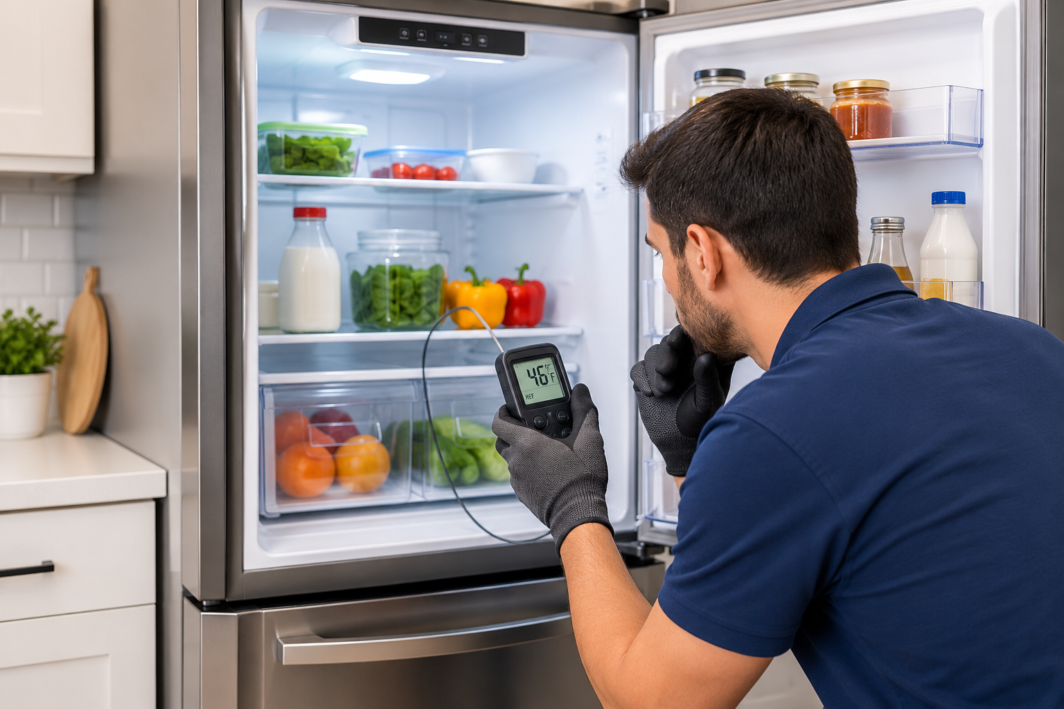 Refrigerator not maintaining temperature as a technician checks the thermostat and cooling system with a digital thermometer