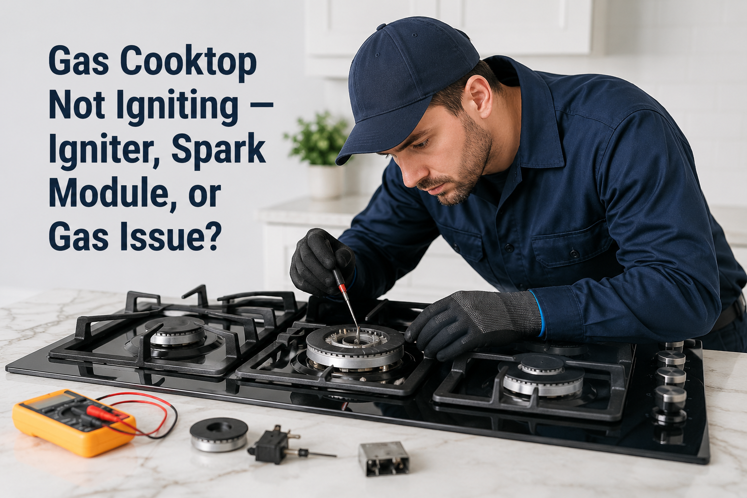 Gas cooktop not igniting while a professional appliance repair technician inspects the burner and igniter