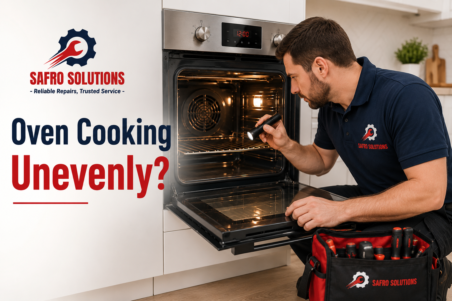 Safro Solutions technician diagnosing an oven cooking unevenly in a modern home kitchen