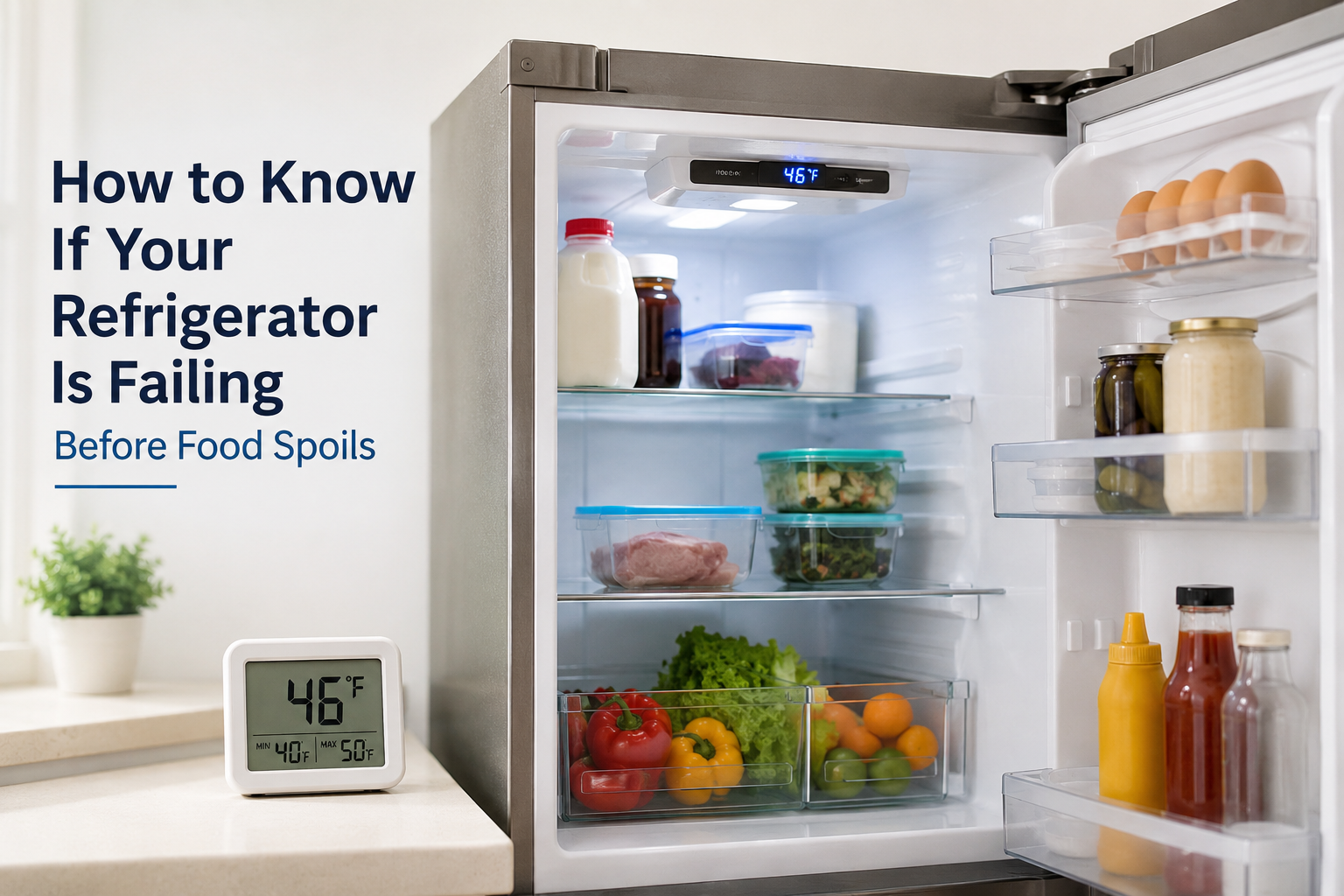 A refrigerator failing with a 46°F temperature reading inside an open refrigerator filled with fresh food in a bright modern kitchen, Safro Solutions.