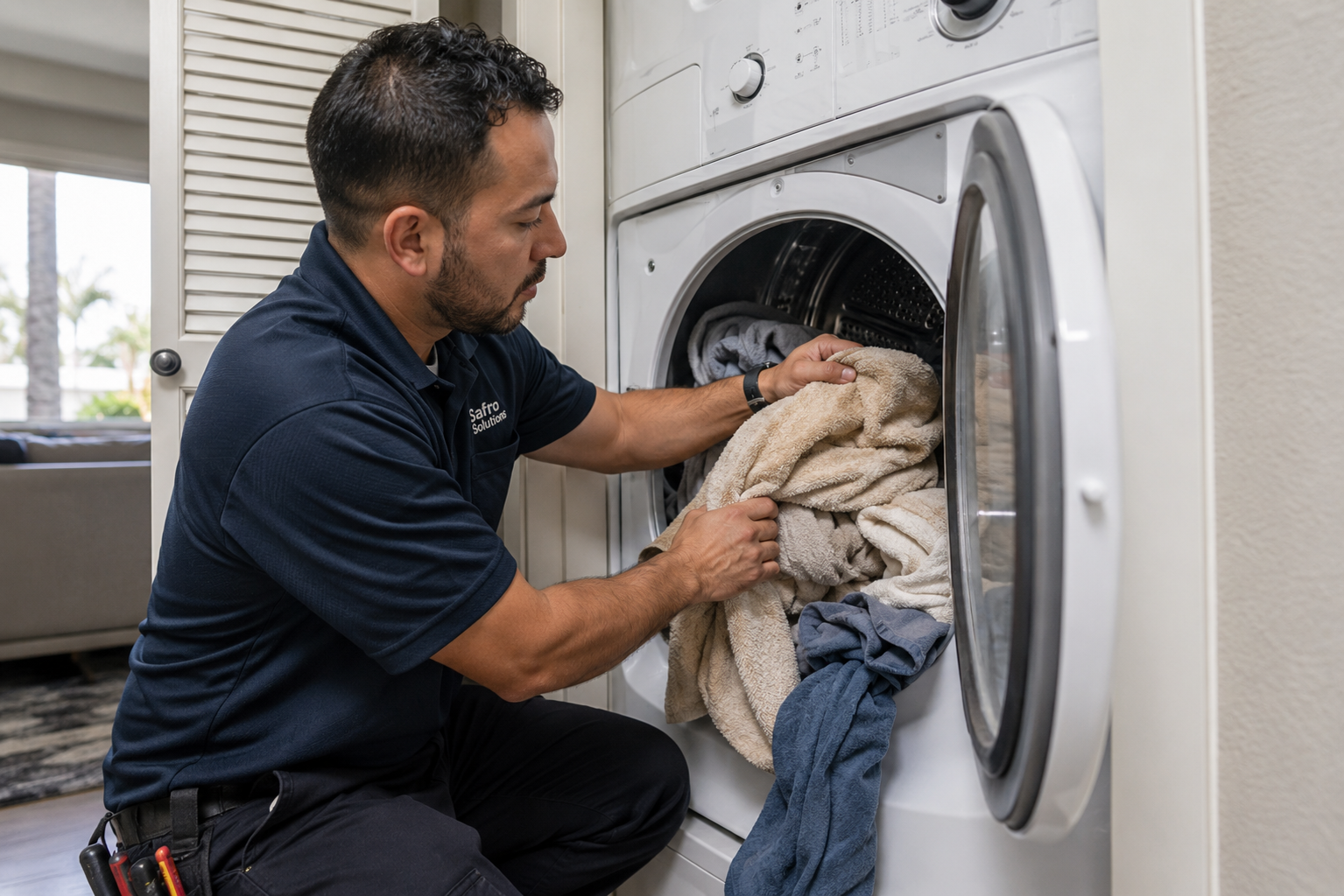Safro Solutions technician inspecting an overloaded front-load dryer with still clothes wet after a cycle in a Los Angeles laundry closet.c