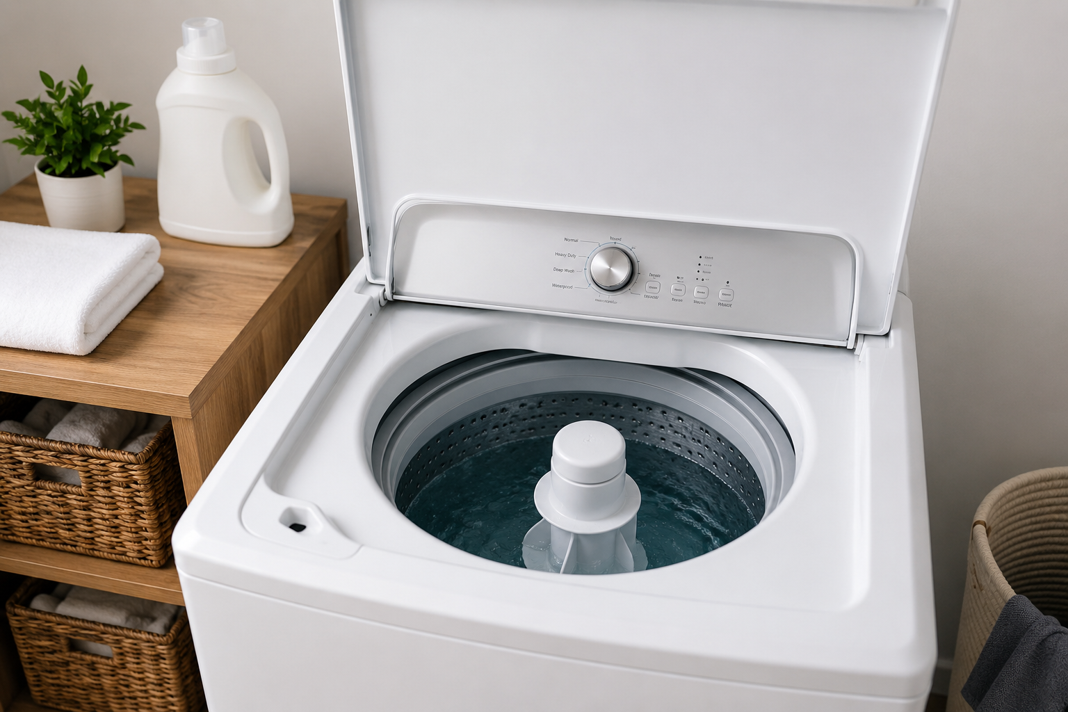 Washer not agitating in a clean top-load washing machine with the lid open, showing the agitator inside a bright modern laundry room.