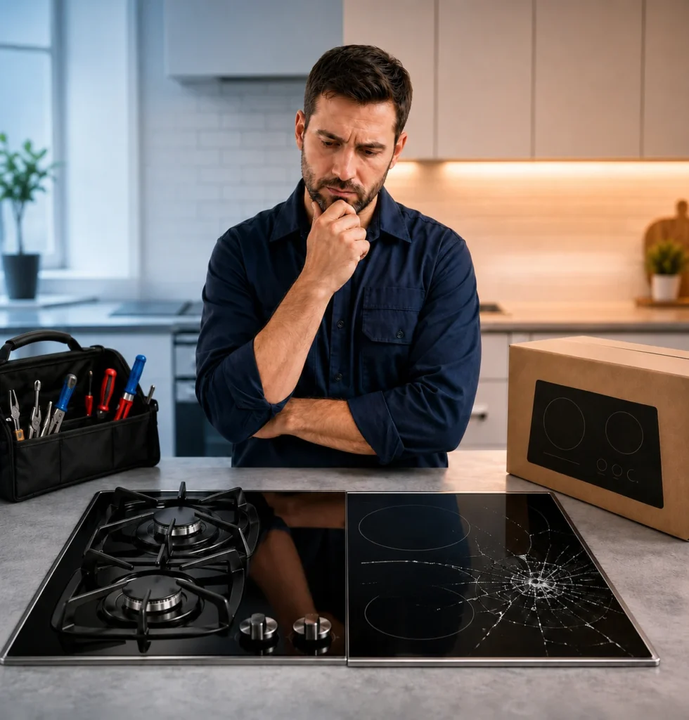 Appliance repair technician evaluating a damaged cooktop to decide whether it should be repaired or replaced in a Los Angeles kitchen.
