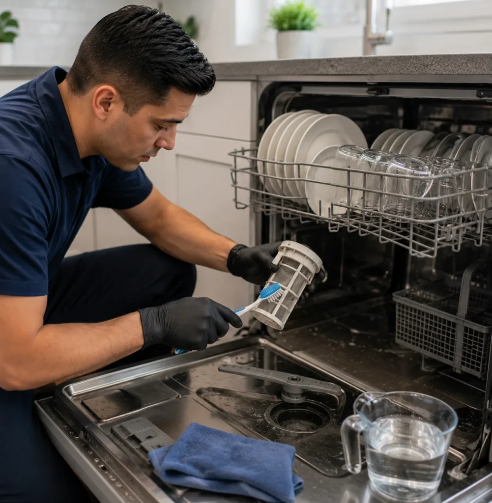 Technician cleaning a dishwasher filter with a brush during routine maintenance in a Los Angeles home kitchen.