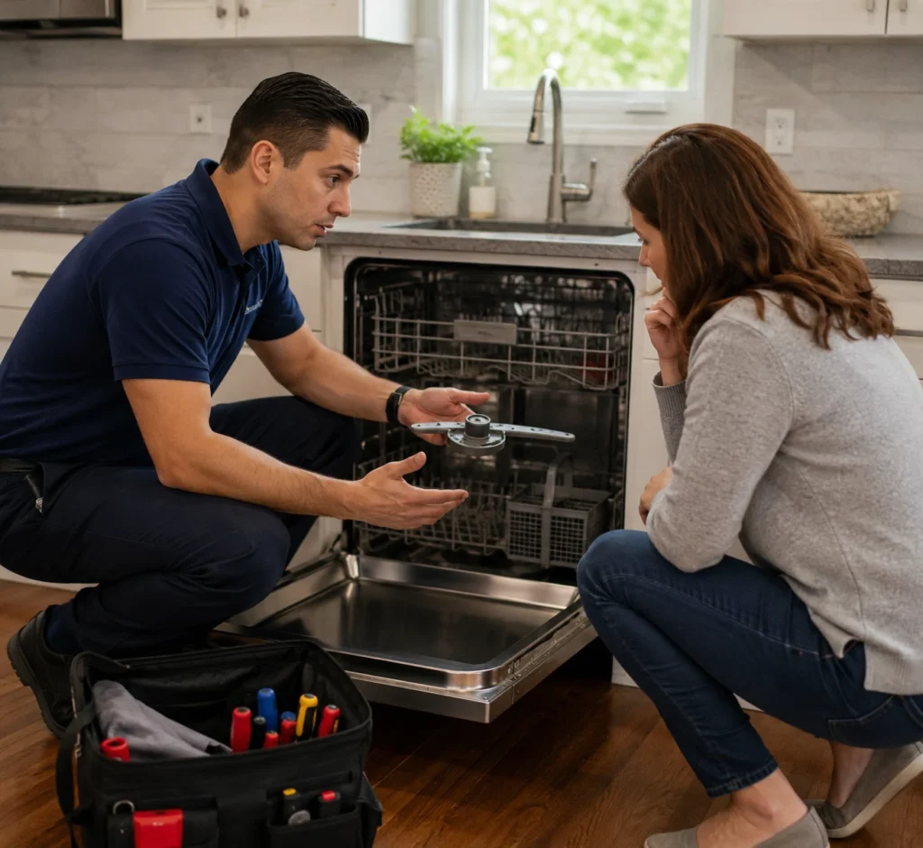 Technician explaining a dishwasher repair-or-replace assessment to a homeowner in a modern Los Angeles kitchen.