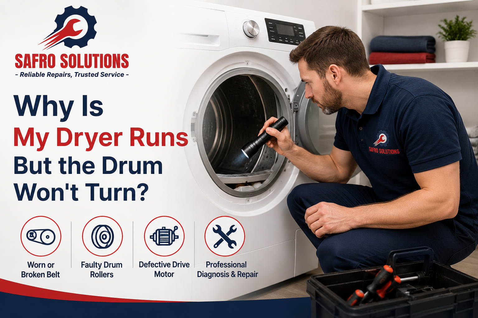 Why Is My Dryer Runs But Drum Won't Turn? Technician diagnosing a front-load dryer at home