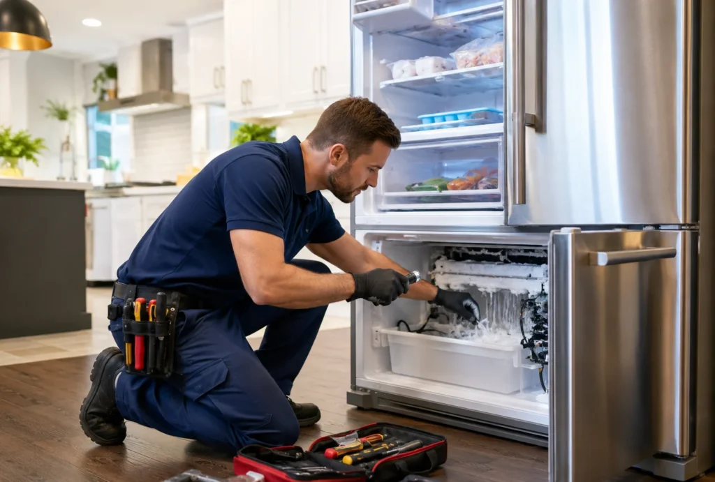 Technician repairing frost buildup and ice-maker components inside a refrigerator freezer in a modern Los Angeles kitchen.