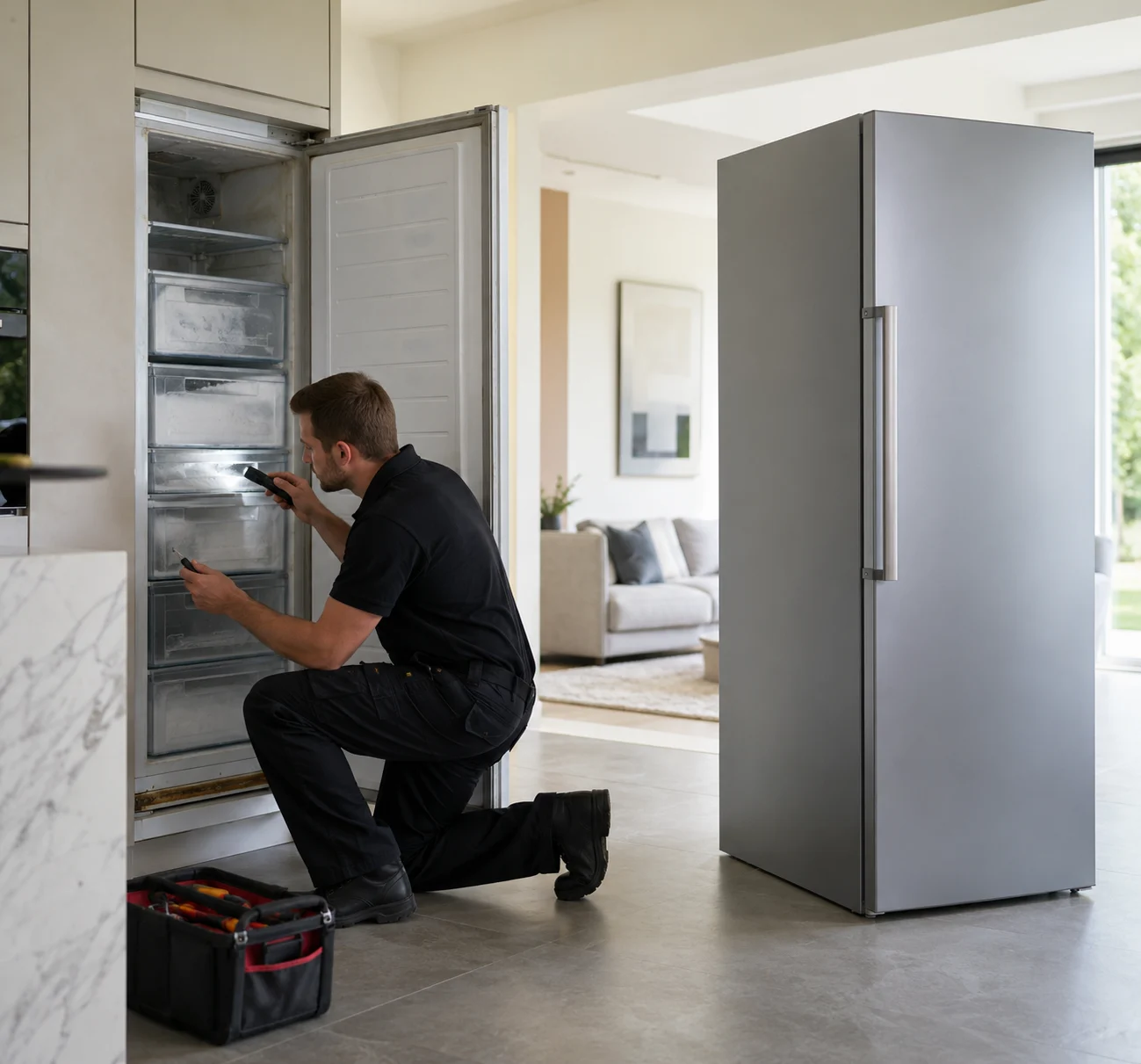 Appliance technician inspecting an older built-in freezer beside a newer replacement freezer in a modern kitchen.