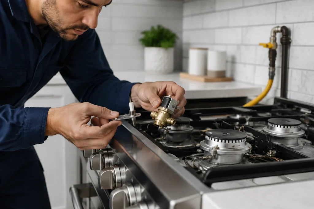 Safro Solutions technician repairing a gas range that is not heating in a Los Angeles kitchen, checking the igniter and gas valve components