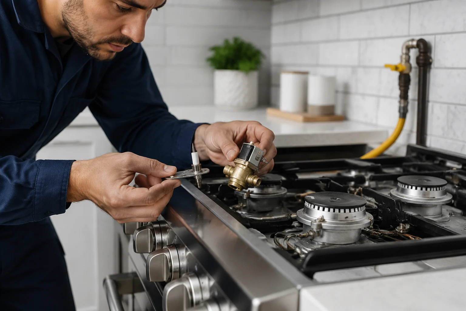 Safro Solutions technician repairing a gas range that is not heating in a Los Angeles kitchen, checking the igniter and gas valve components
