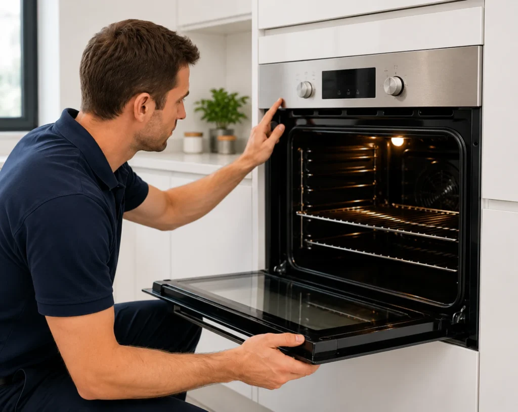 Technician inspecting an open built-in oven during a basic oven troubleshooting check in a modern Los Angeles kitchen.