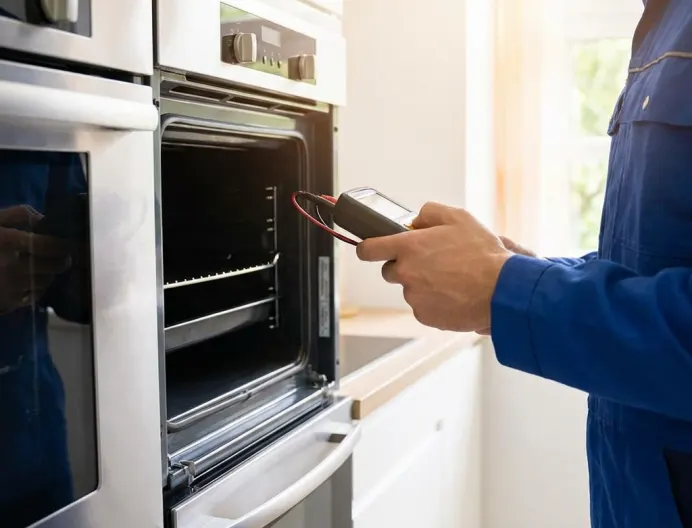 Appliance repair technician using a diagnostic meter to inspect an open built-in oven in a Los Angeles kitchen.
