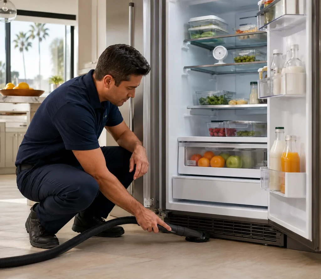 Technician vacuuming refrigerator condenser coils during routine maintenance in a modern Los Angeles kitchen.