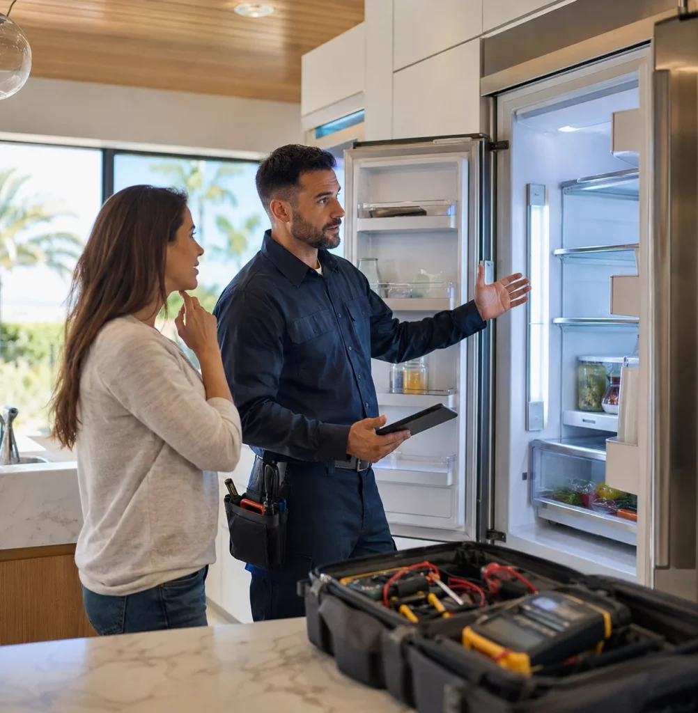 Technician explaining refrigerator repair costs to a homeowner beside an open refrigerator in a modern Los Angeles kitchen.