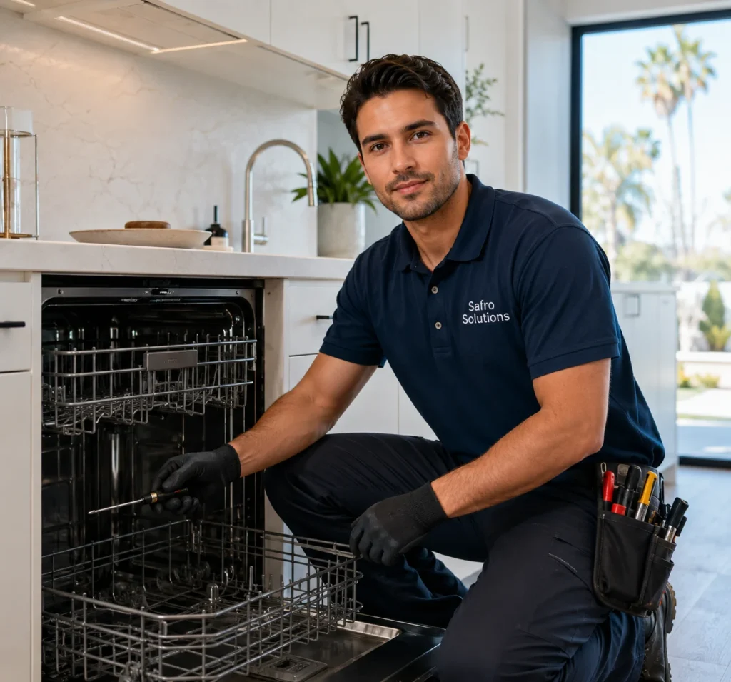 Safro Solutions technician repairing an open dishwasher in a modern Los Angeles kitchen.