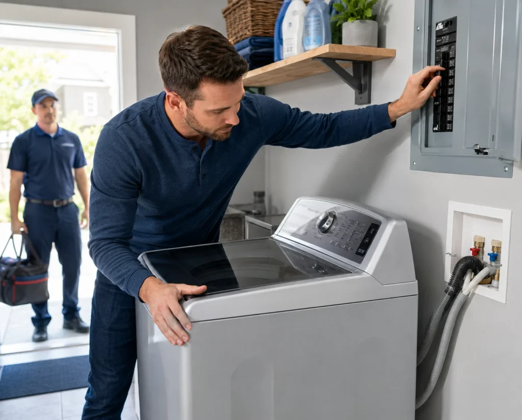 Homeowner checks the washer lid, drain hose, and circuit breaker before booking Safro Solutions washer repair service.