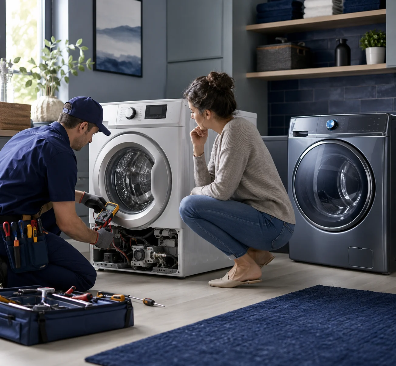Safro Solutions technician diagnosing an older washing machine while a homeowner considers repairing or replacing it.