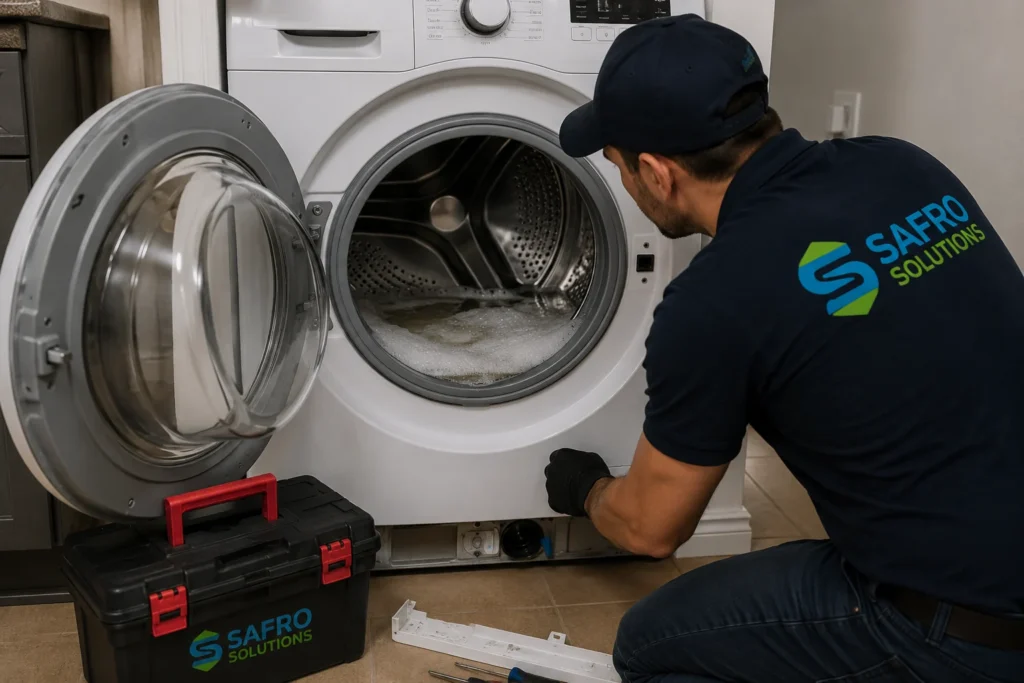 Safro Solutions technician inspecting a front-load washing machine with a draining problem during a professional washer repair service.