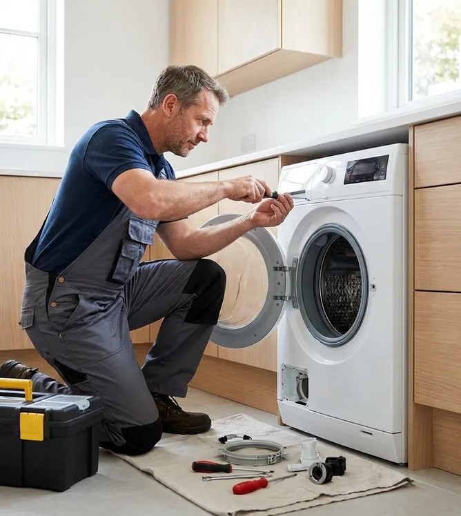 Professional appliance repair technician servicing a front-load washing machine in a modern laundry room, diagnosing and repairing components with tools and replacement parts on the floor.