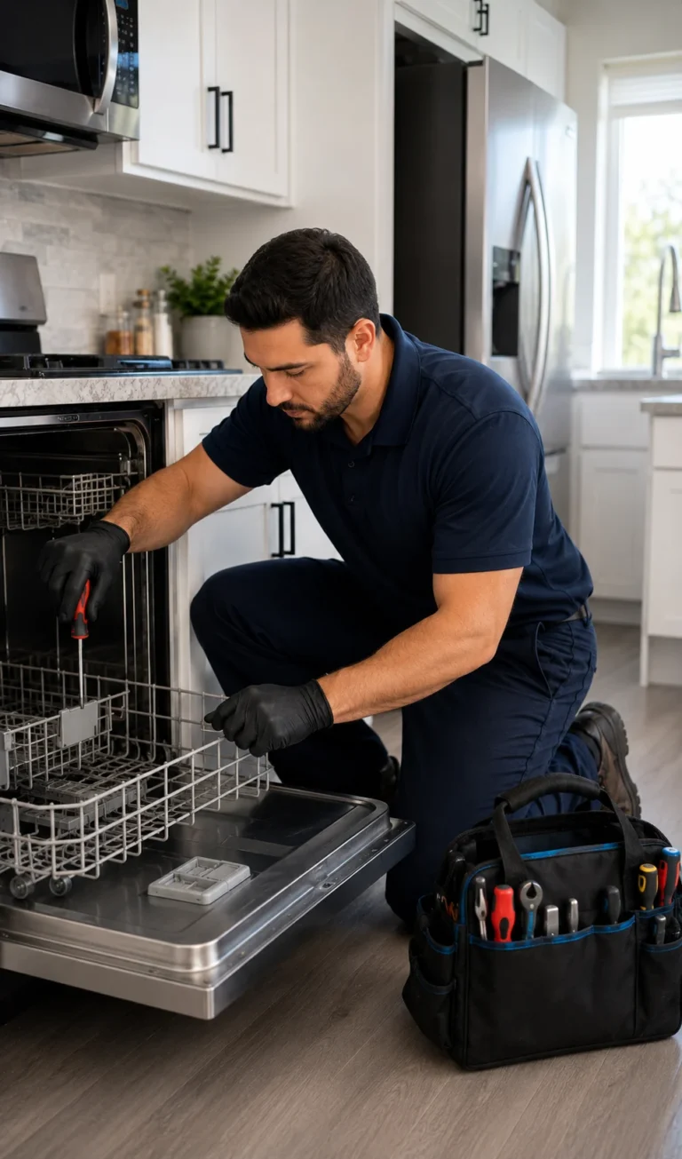 Safro Solutions appliance repair technician servicing a dishwasher in a Lake Balboa home