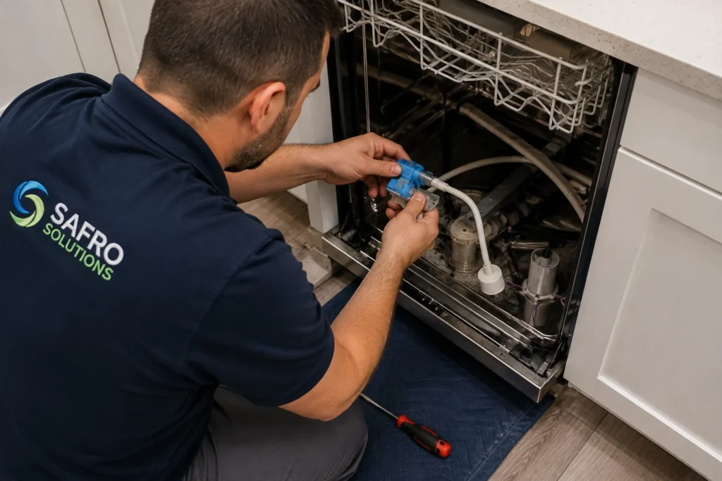 Safro Solutions technician inspecting a dishwasher water inlet valve
