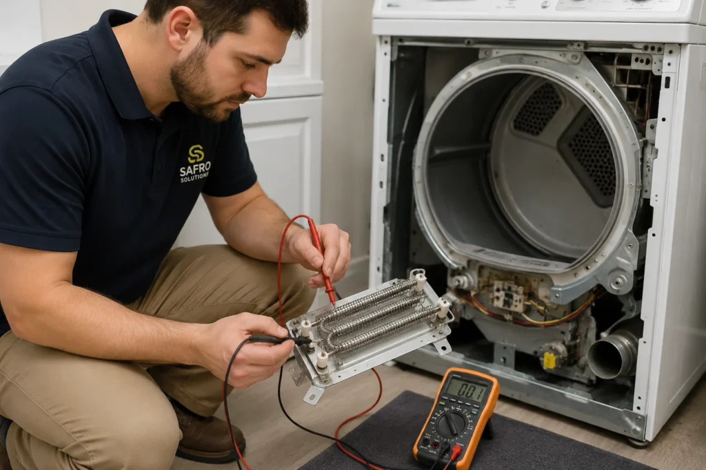 Safro Solutions technician testing a dryer heating element with a multimeter
