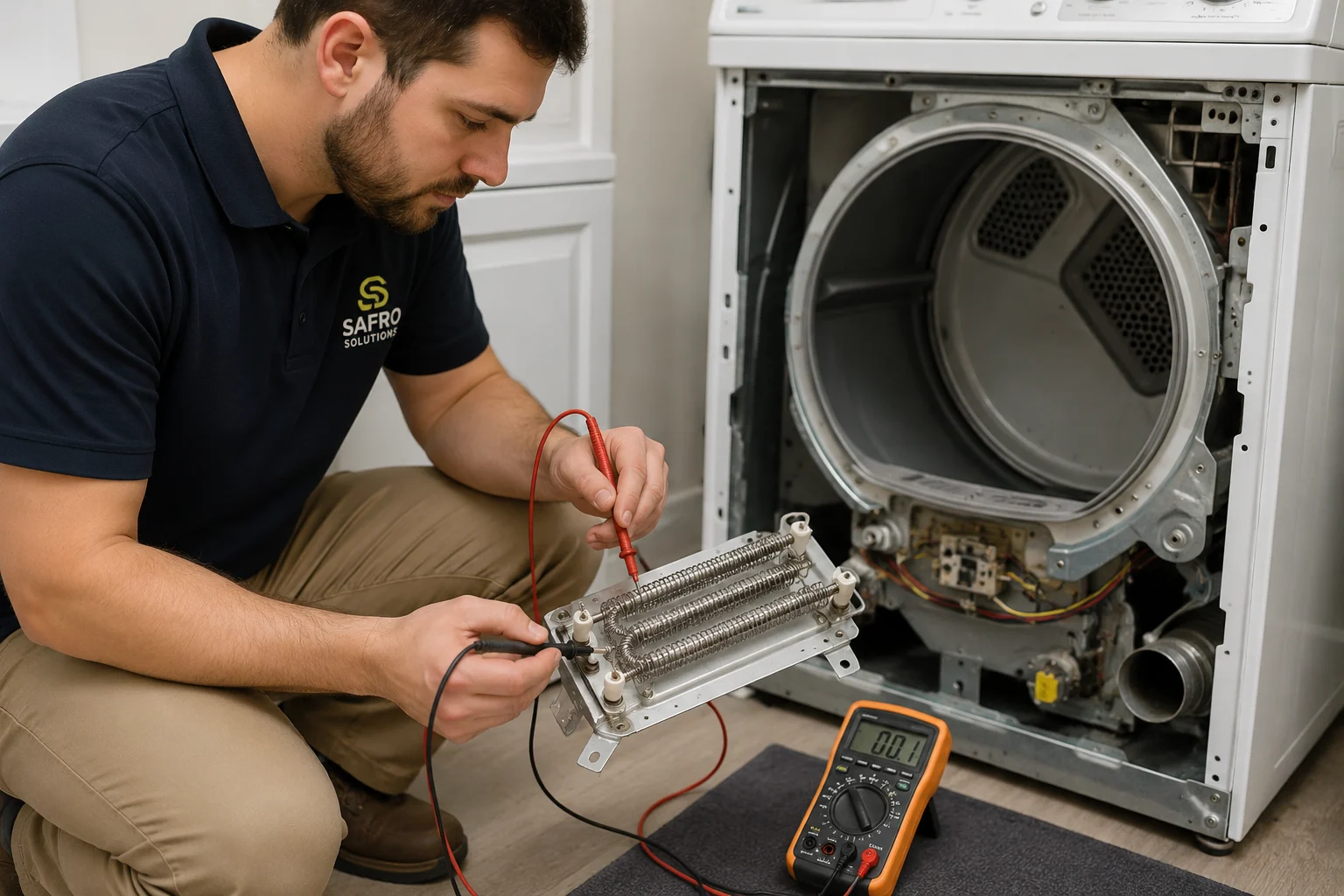 Safro Solutions technician testing a dryer heating element with a multimeter