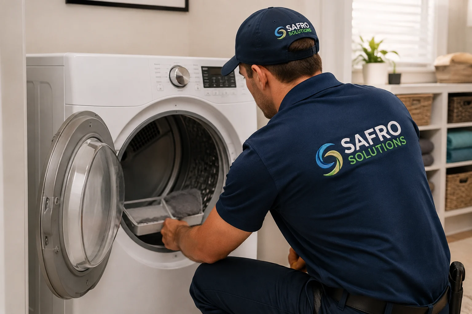 Safro Solutions technician inspecting a dryer that takes multiple cycles to dry one load