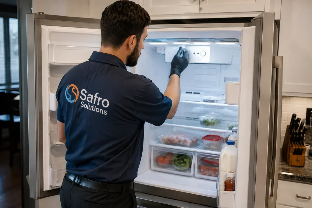 Safro Solutions technician checking a refrigerator thermostat to diagnose food freezing in the refrigerator
