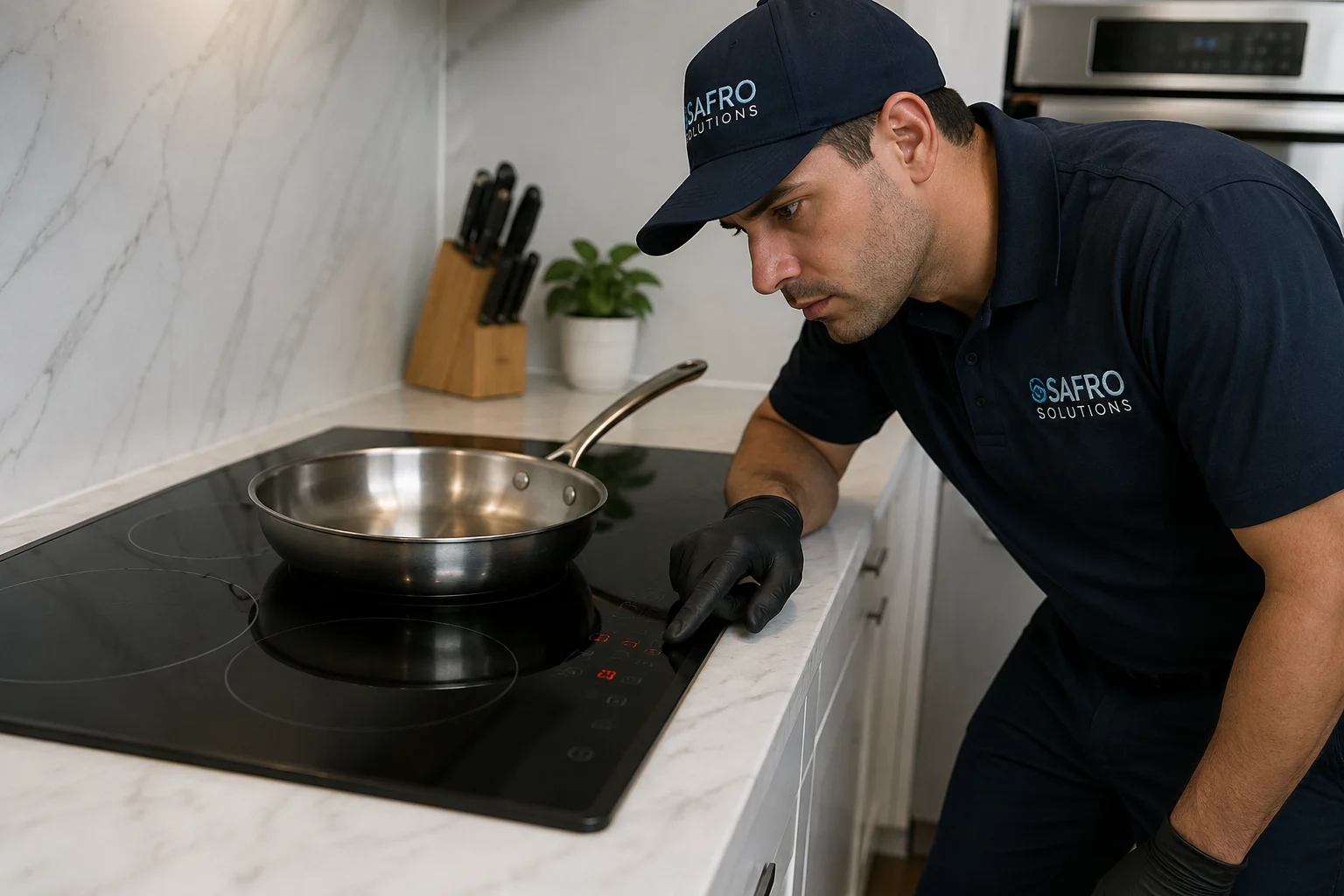 Safro Solutions technician checking an induction cooktop that is not detecting a pan