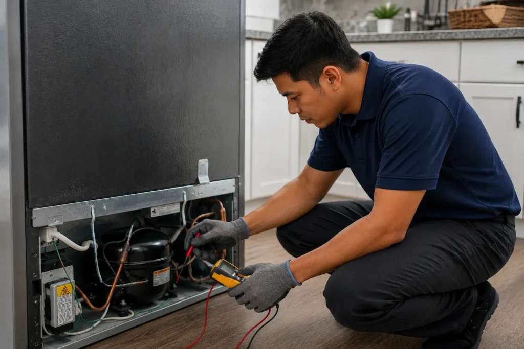 Technician inspecting a refrigerator compressor to diagnose cooling issues