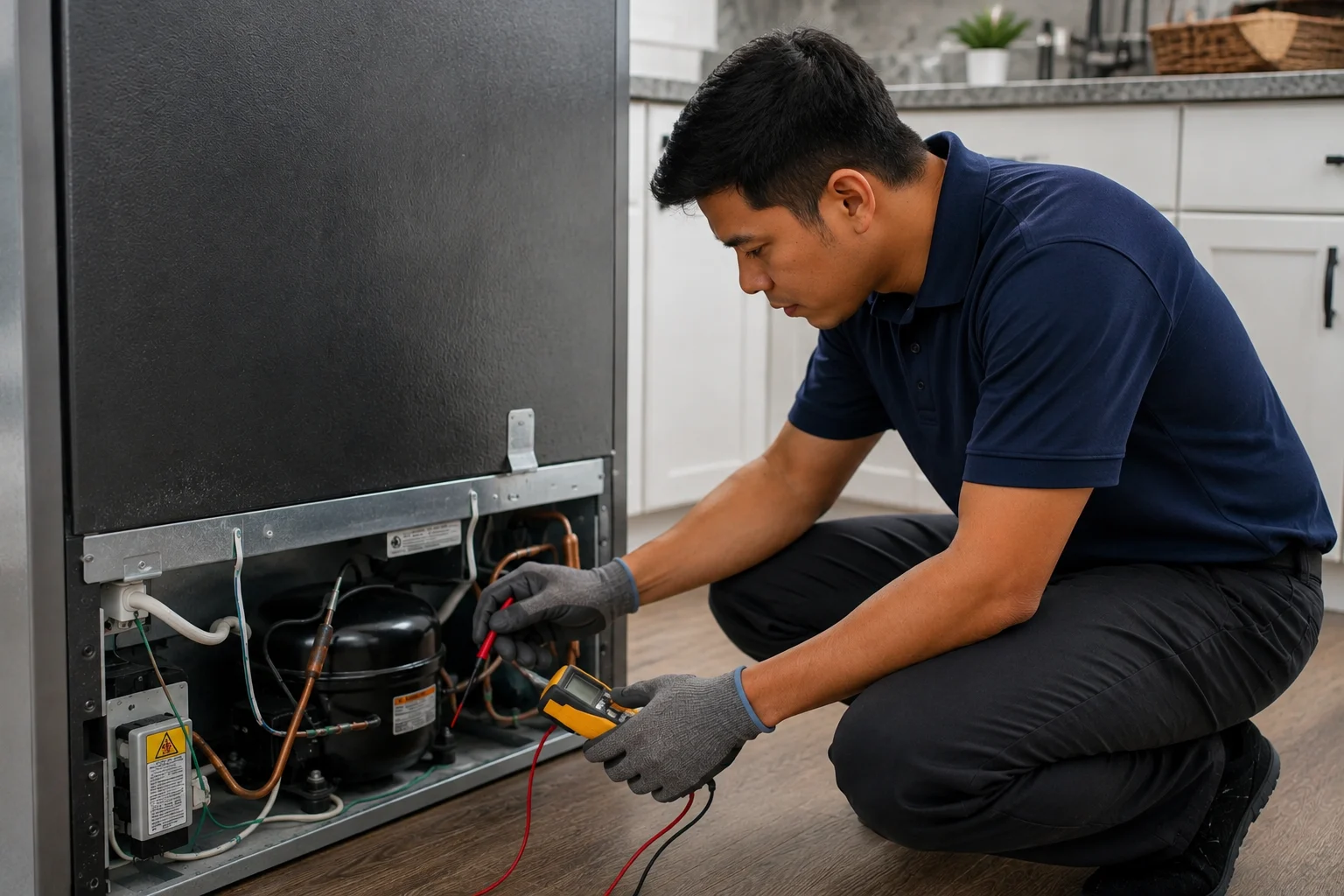 Technician inspecting a refrigerator compressor to diagnose cooling issues