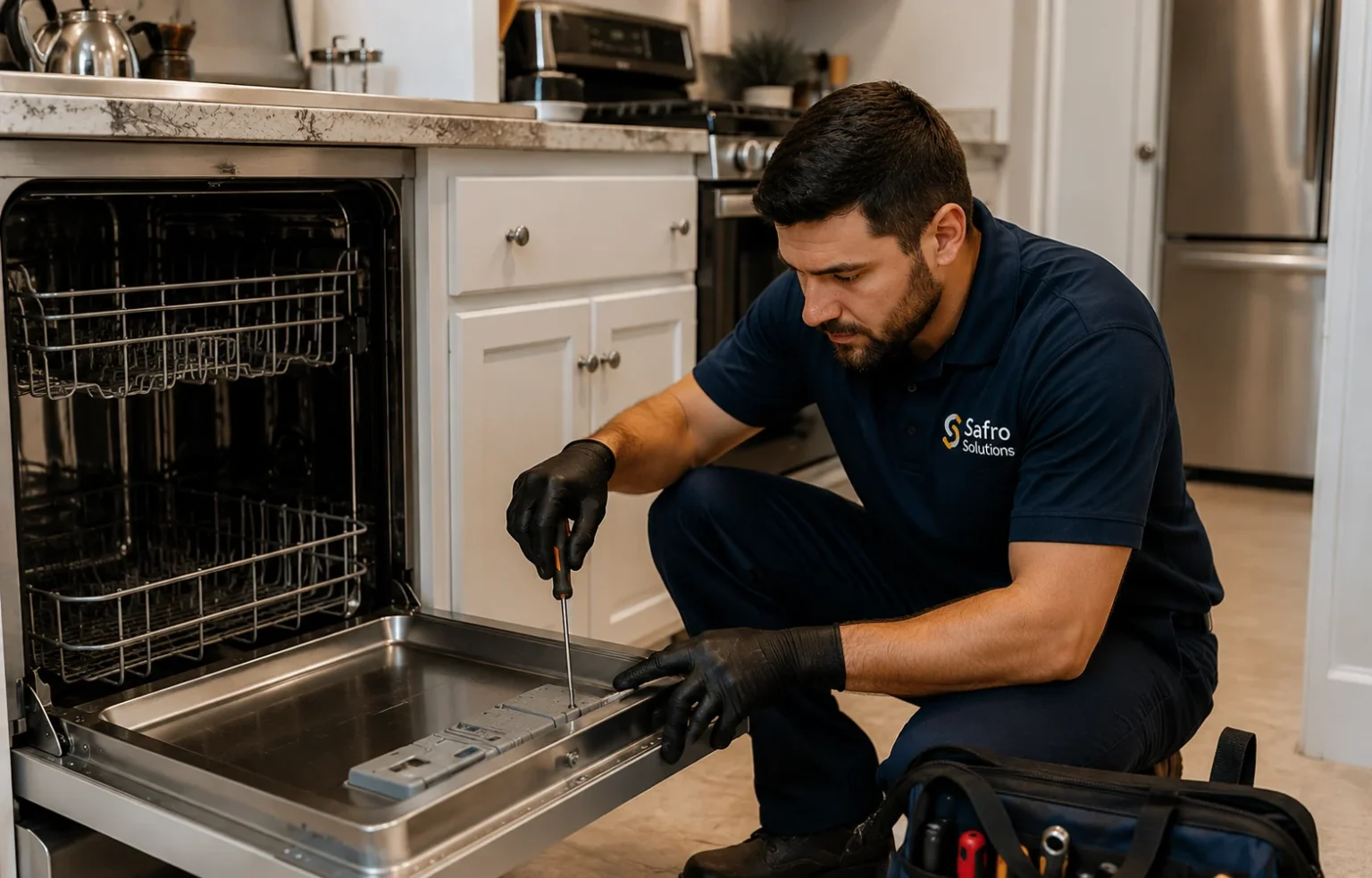 Safro Solutions technician repairing an open dishwasher in a Sun Valley kitchen